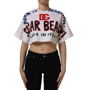 Dolce & Gabbana White Graphic Cotton Jersey Cropped Women's T-shirt